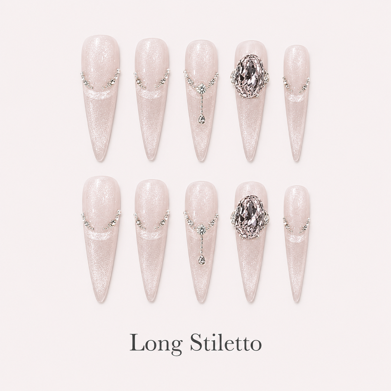Lustre Locket Long Stiletto handmade press-on nails with blush cat-eye shimmer, chains and smoky jewels