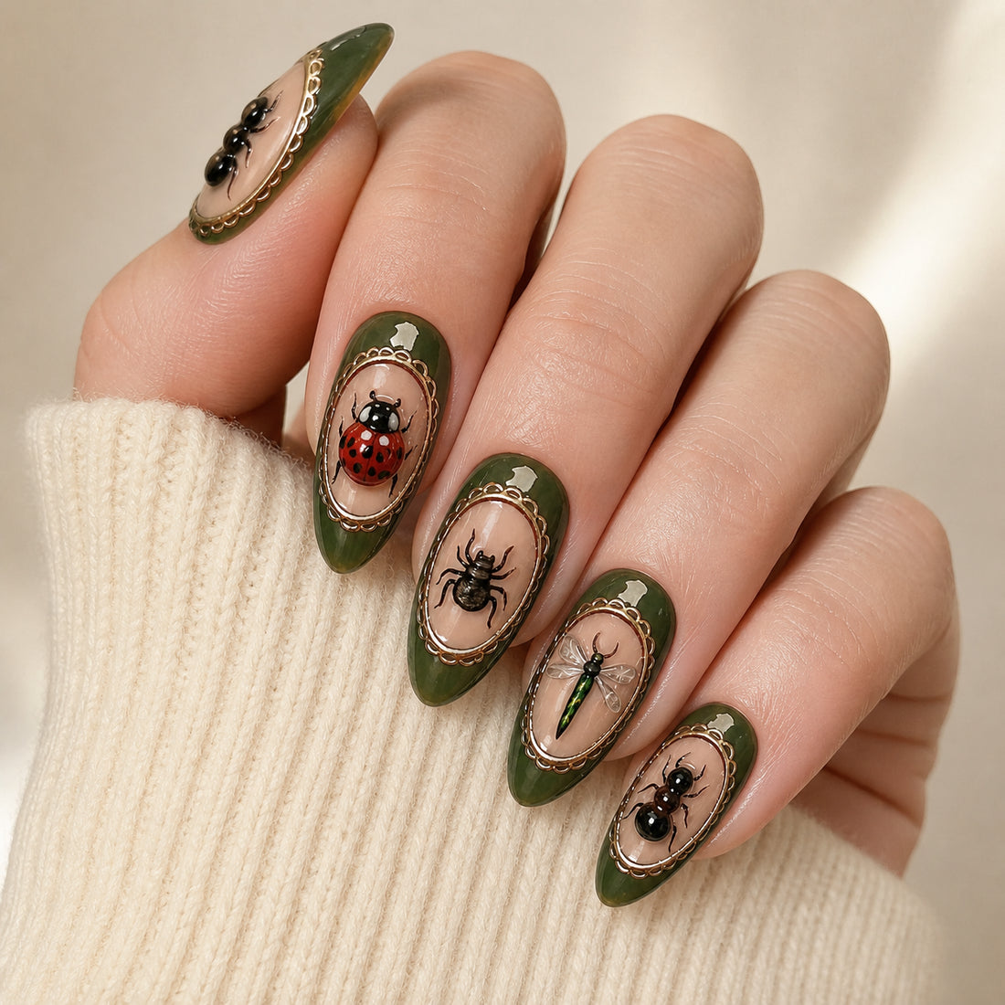 Beetle Cabinet press-on nails shown on light-skinned one hand