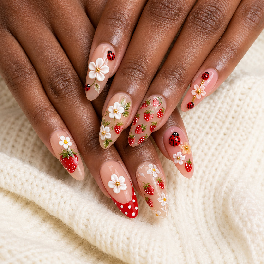 Berry Bug press-on nails shown on dark-skinned two hands