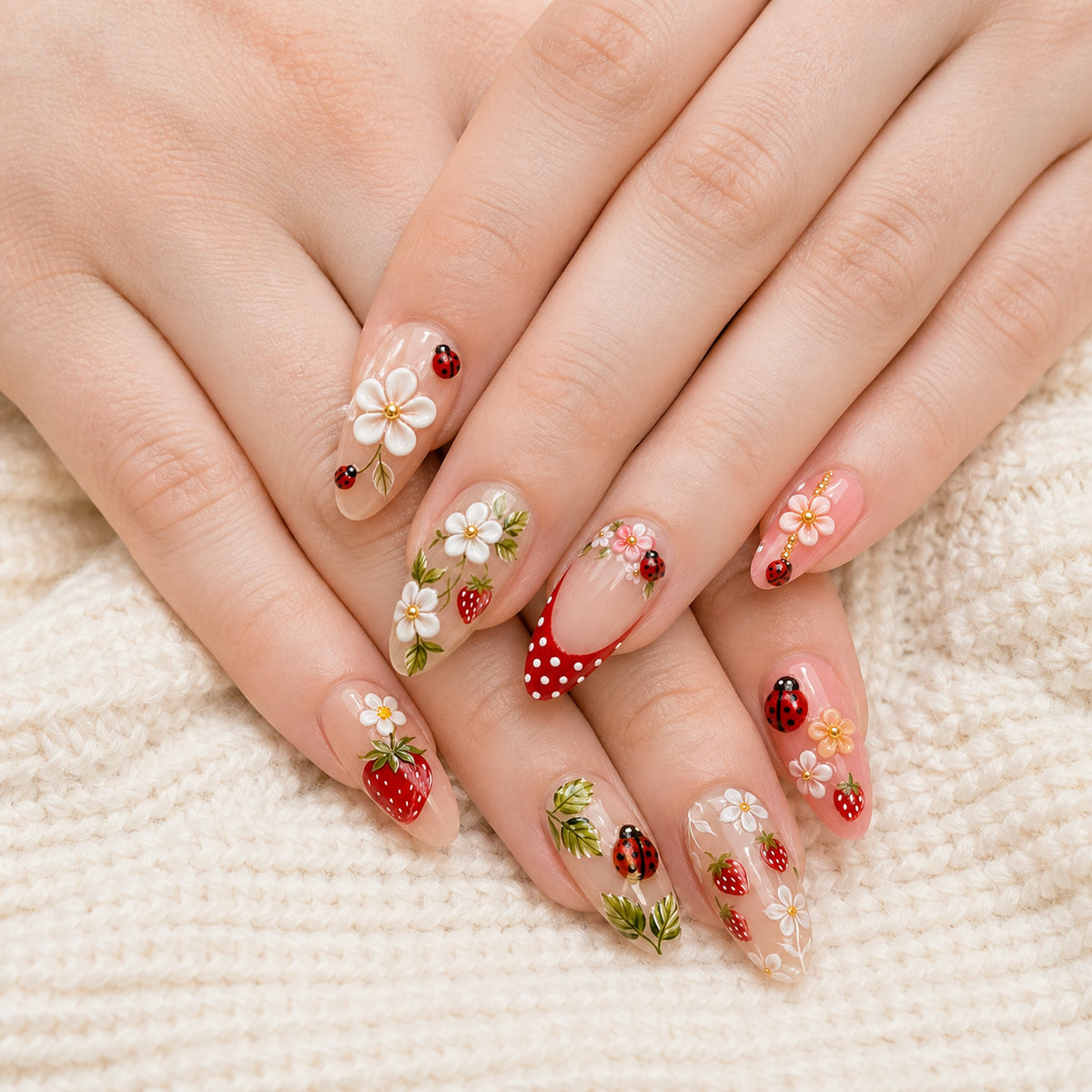 Berry Bug press-on nails shown on light-skinned two hands