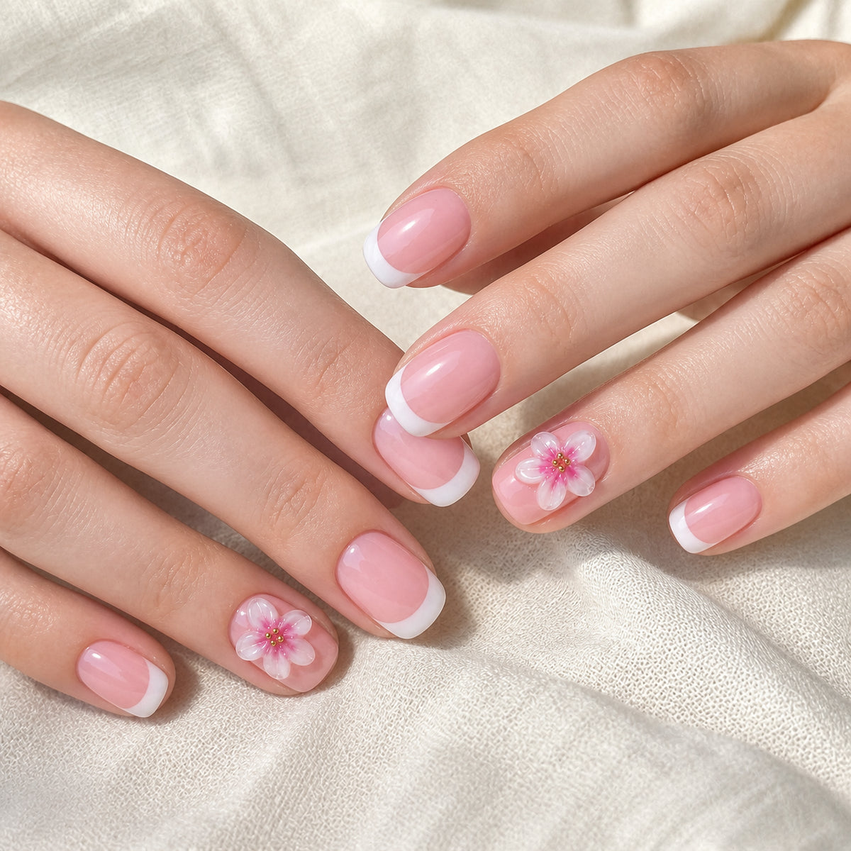 Bloom Sorbet press-on nails shown on light-skinned two hands