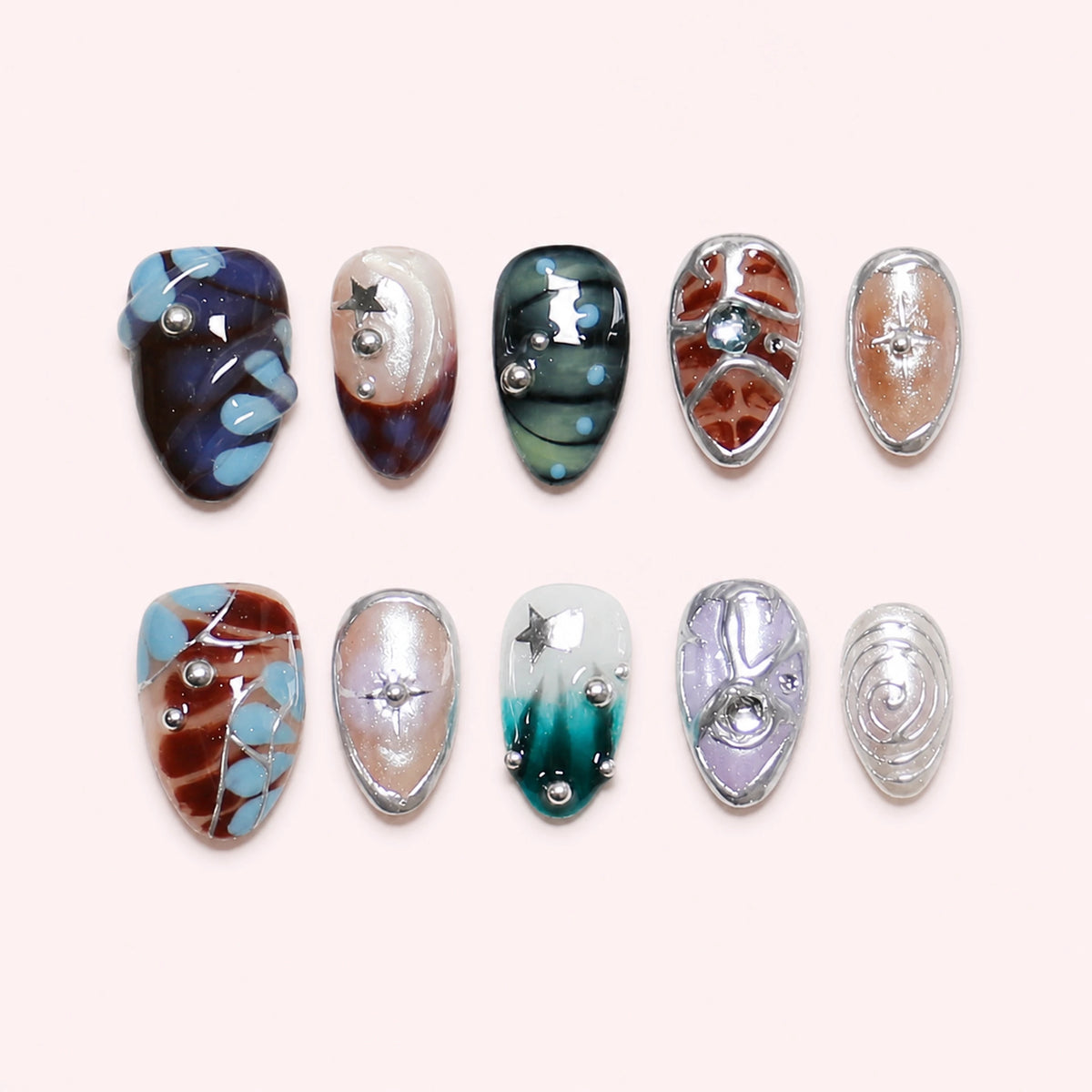 Mercury Mosaic press-on nails, full ten-piece set on a pale blush-white background