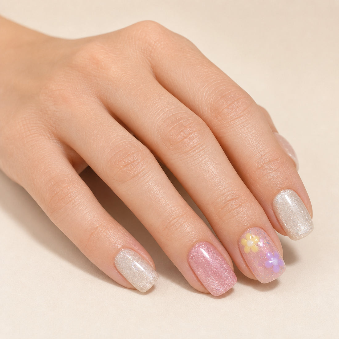 Petal Sprinkles press-on nails shown on light-skinned one hand