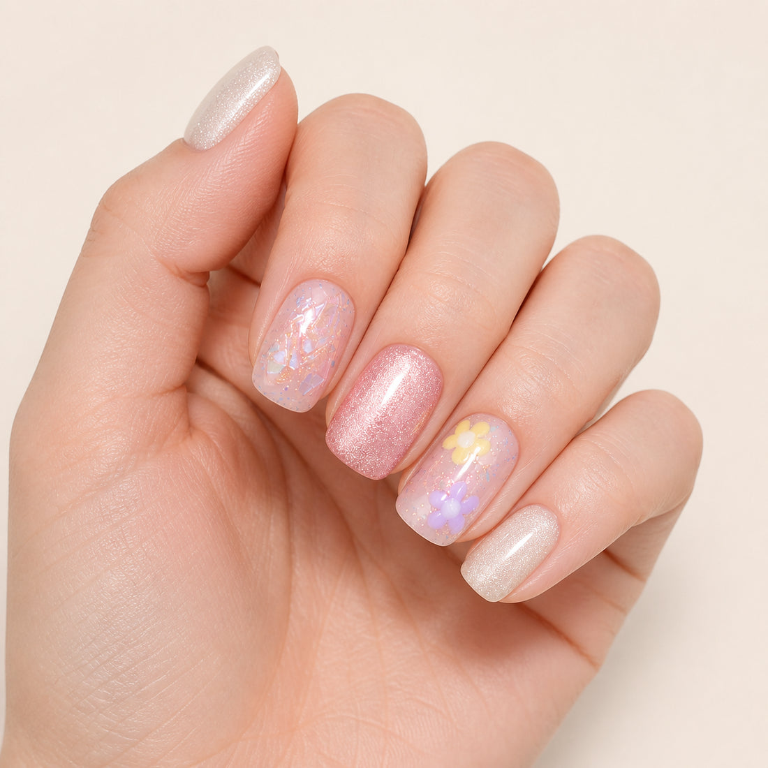 Petal Sprinkles press-on nails shown on light-skinned one hand