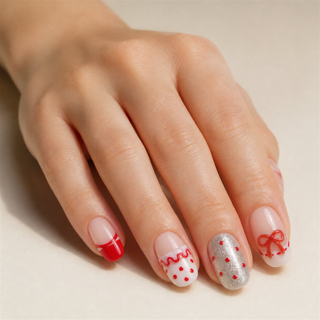 Red Ruffle press-on nails shown on light-skinned one hand