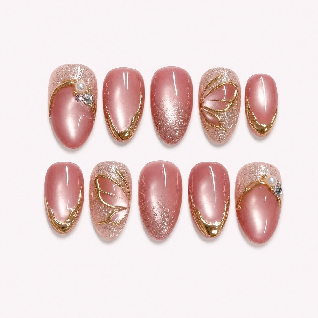 Mauve Monarch dusty rose cat-eye medium almond press-on nails product display