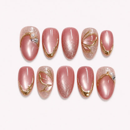 Mauve Monarch dusty rose cat-eye medium almond press-on nails product display