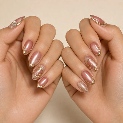 Mauve Monarch dusty rose cat-eye medium almond press-on nails on two softly curled hands