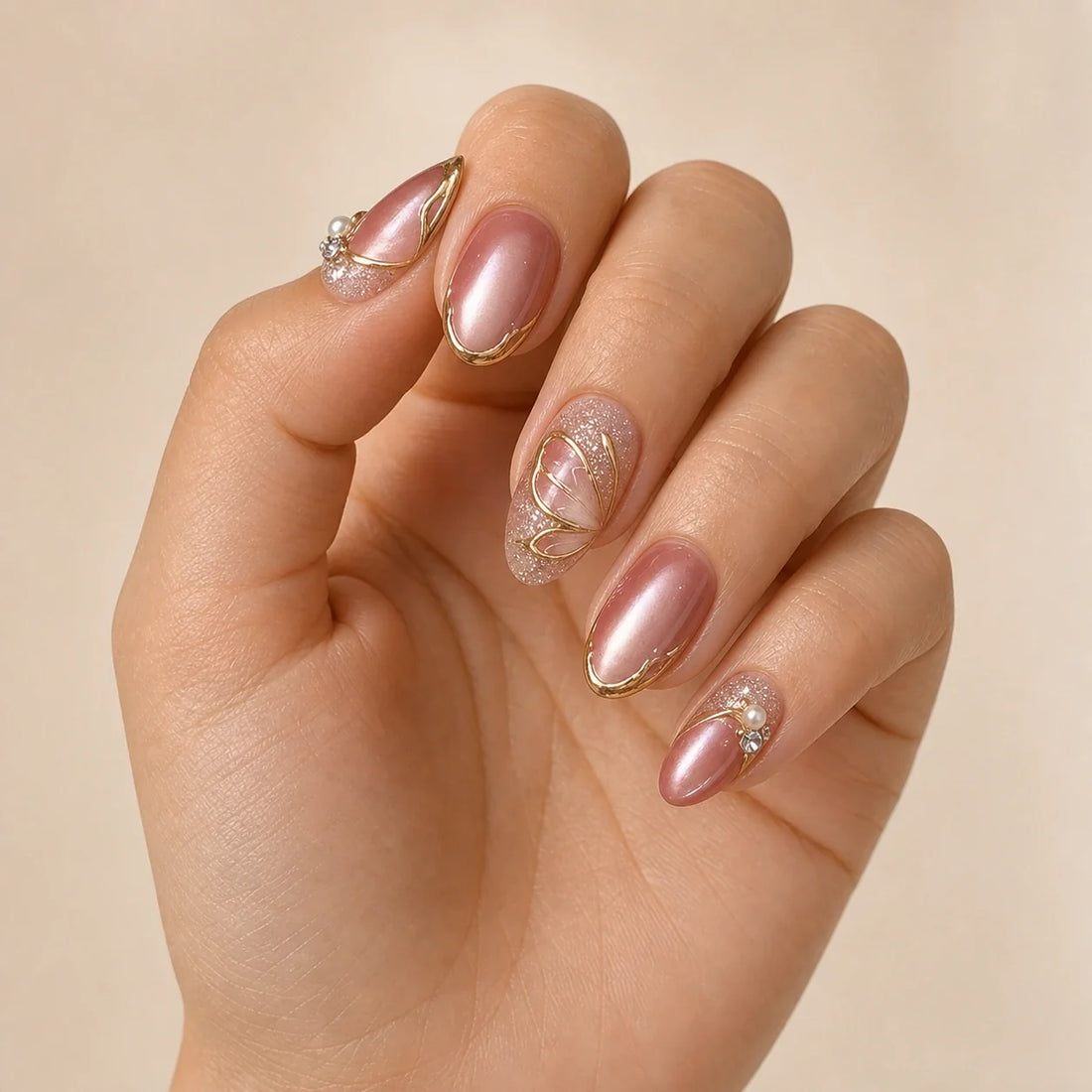 Mauve Monarch dusty rose cat-eye medium almond press-on nails on one softly curled hand