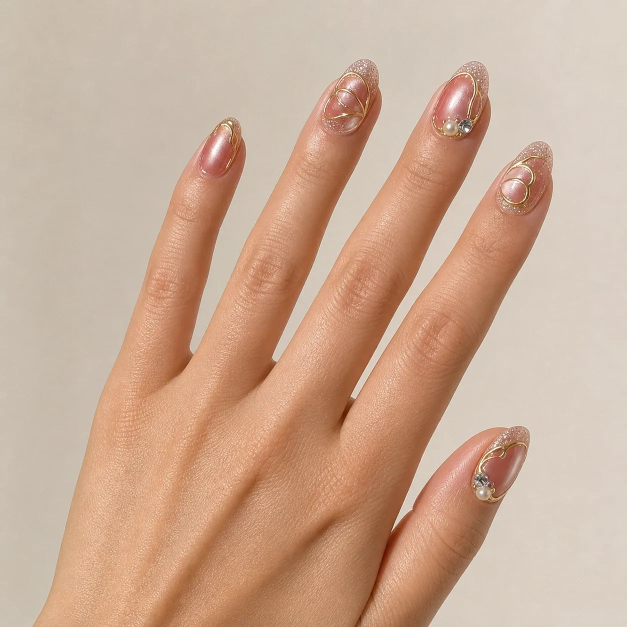 Mauve Monarch dusty rose cat-eye medium almond press-on nails on one open hand