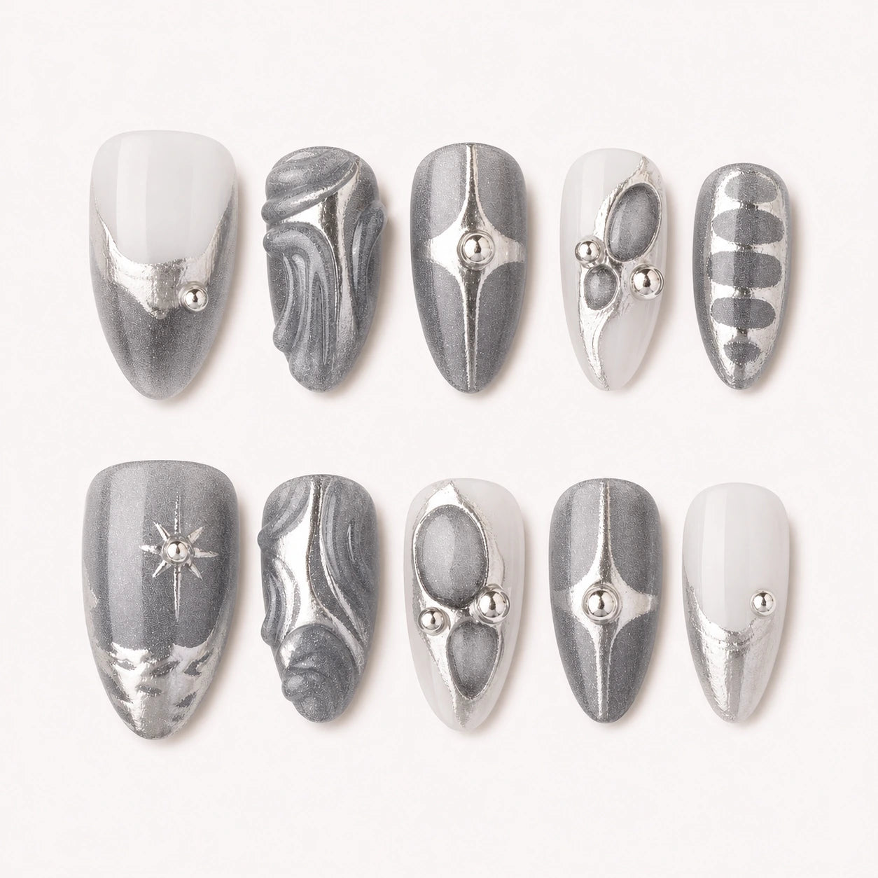 Mercury Reliquary silver grey medium almond press-on nails product display