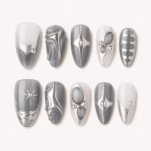 Mercury Reliquary silver grey medium almond press-on nails product display