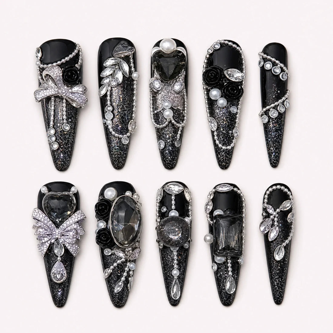 Midnight Heirloom black silver stiletto press-on nails with crystals and bows