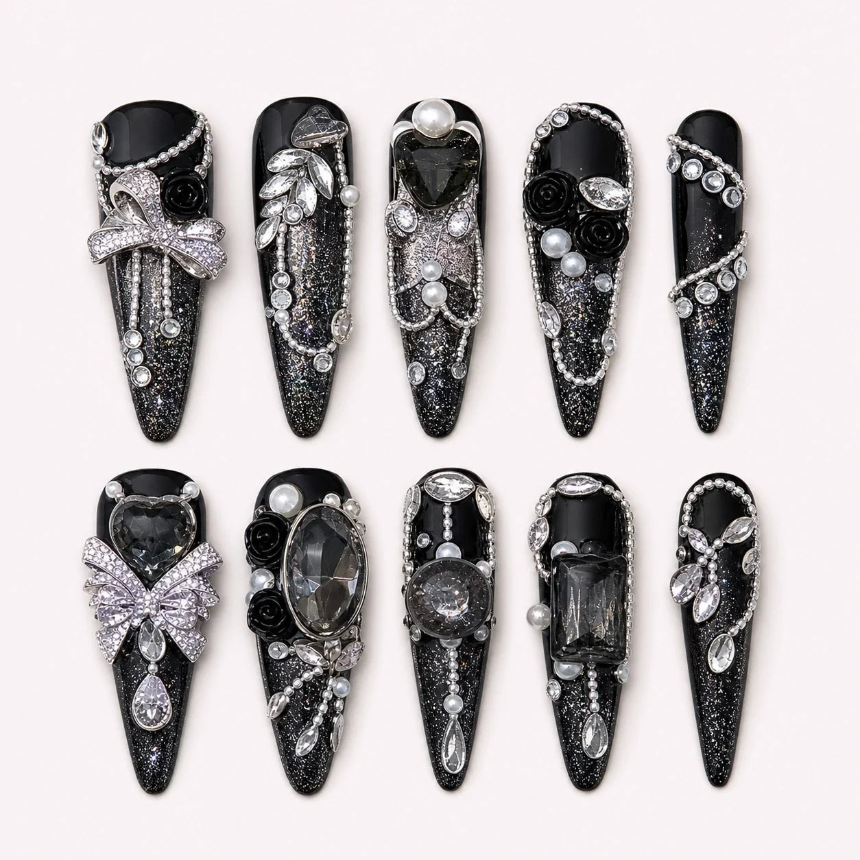 Midnight Heirloom black silver stiletto press-on nails with crystals and bows