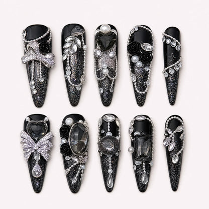 Midnight Heirloom black silver stiletto press-on nails with crystals and bows