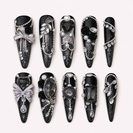 Midnight Heirloom black silver stiletto press-on nails with crystals and bows