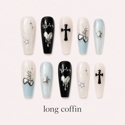Mint Nocturne Long Coffin handmade press-on nails in mint, black and silver with playful details
