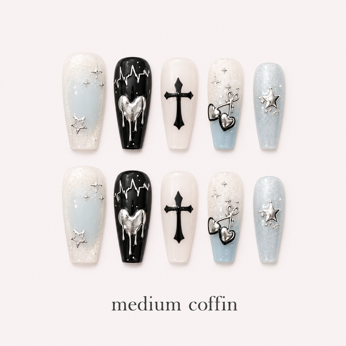 Mint Nocturne Medium Coffin handmade press-on nails in mint, black and silver with playful details