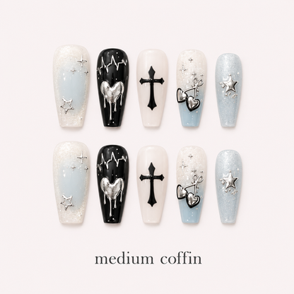 Mint Nocturne Medium Coffin handmade press-on nails in mint, black and silver with playful details