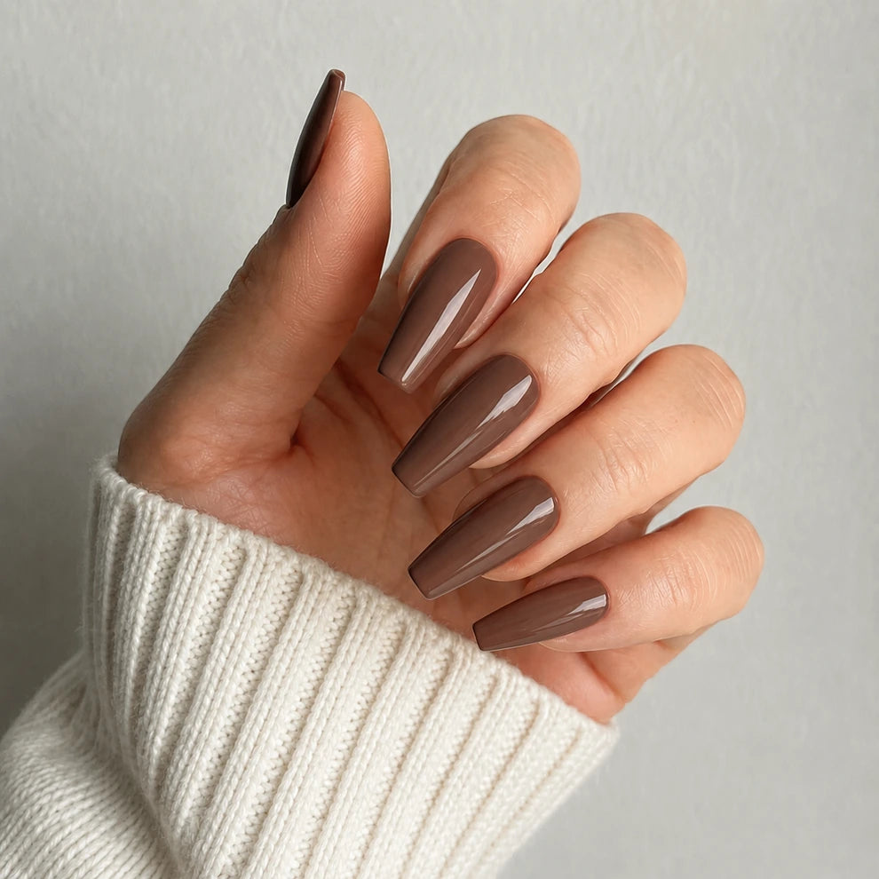 Mocha Dusk long coffin brown press-on nails by Matchy Nails