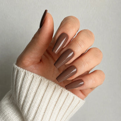 Mocha Dusk long coffin brown press-on nails by Matchy Nails