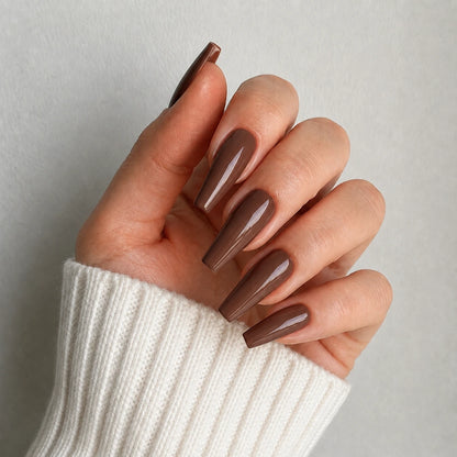 Mocha Dusk long coffin brown press-on nails by Matchy Nails