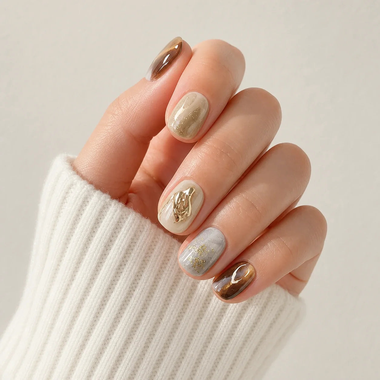 Molten Mocha brown press-on manicure on one curled hand