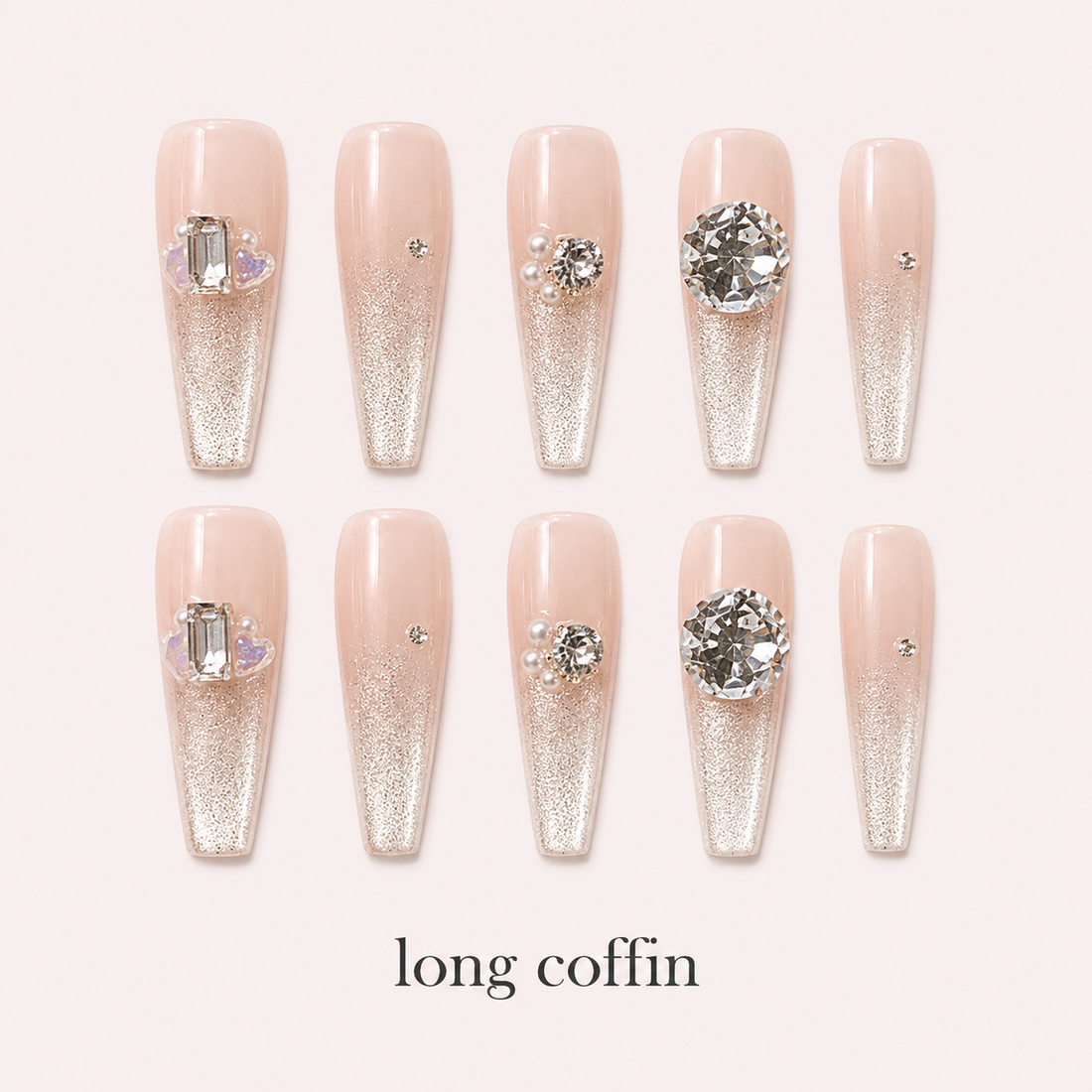 Moonlit Facet Long Coffin handmade press-on nails with nude pink cat-eye shimmer and silver crystals