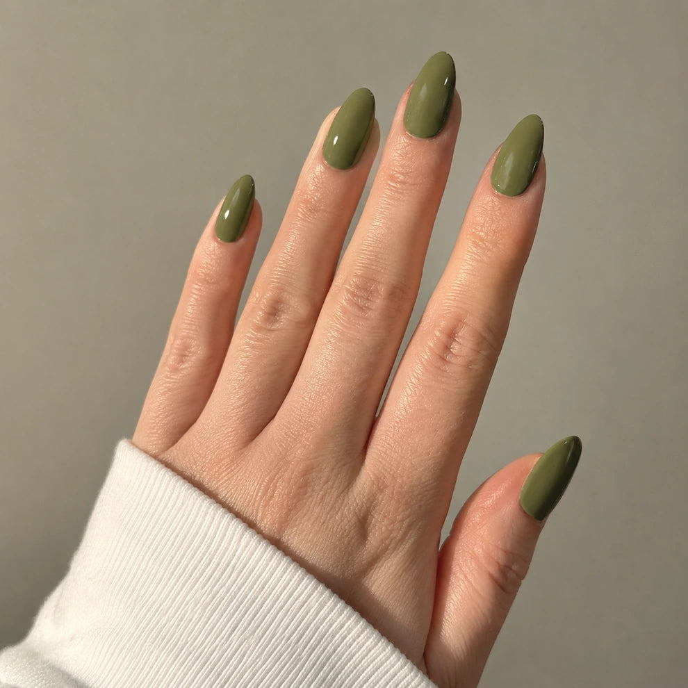 Moss Glaze short almond press-on nails by Matchy Nails