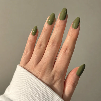 Moss Glaze short almond press-on nails by Matchy Nails