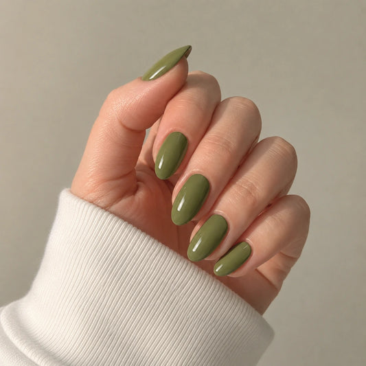 Moss Glaze short almond press-on nails by Matchy Nails