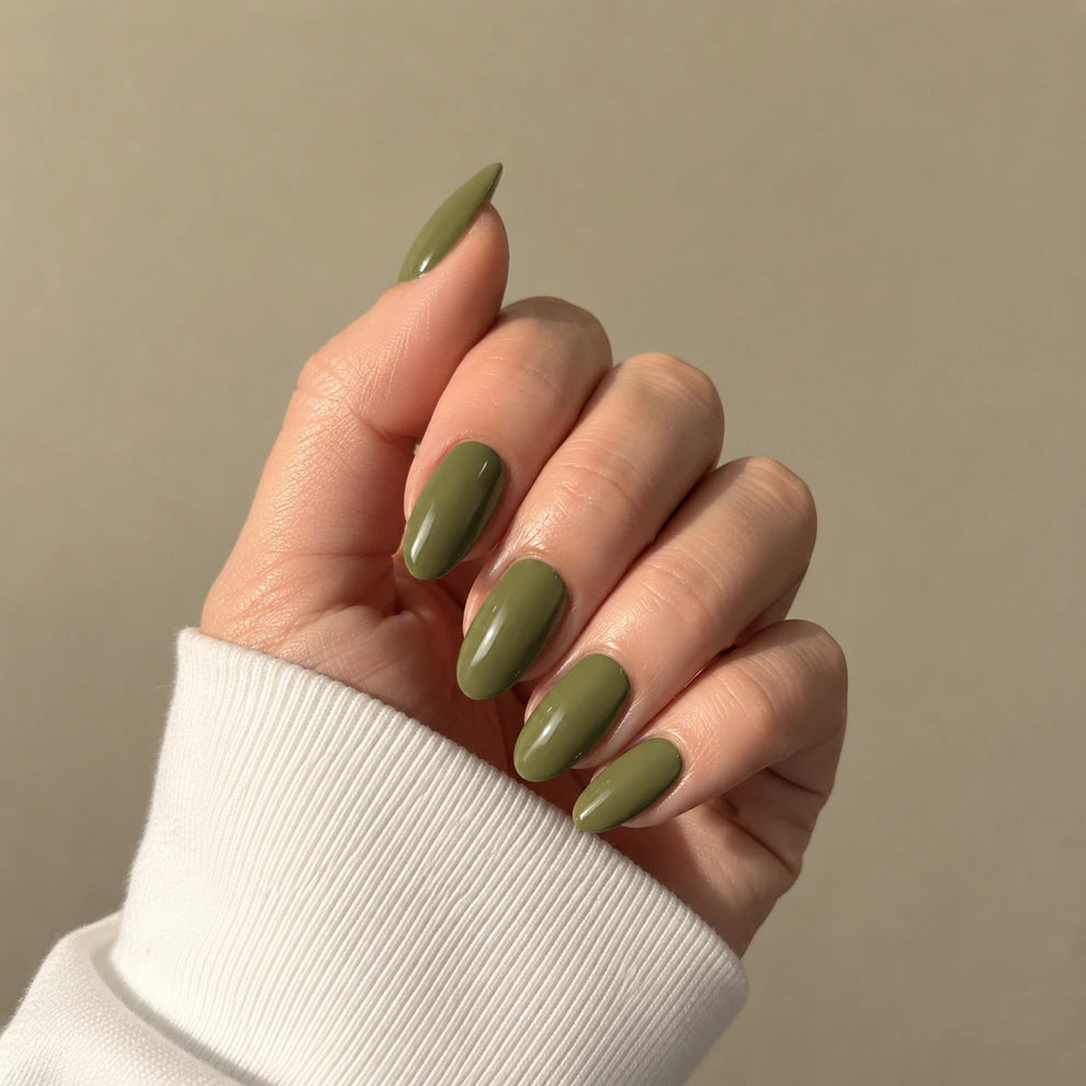 Moss Glaze short almond press-on nails by Matchy Nails
