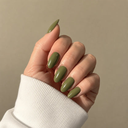 Moss Glaze short almond press-on nails by Matchy Nails
