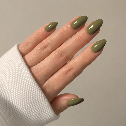 Moss Glaze short almond press-on nails by Matchy Nails