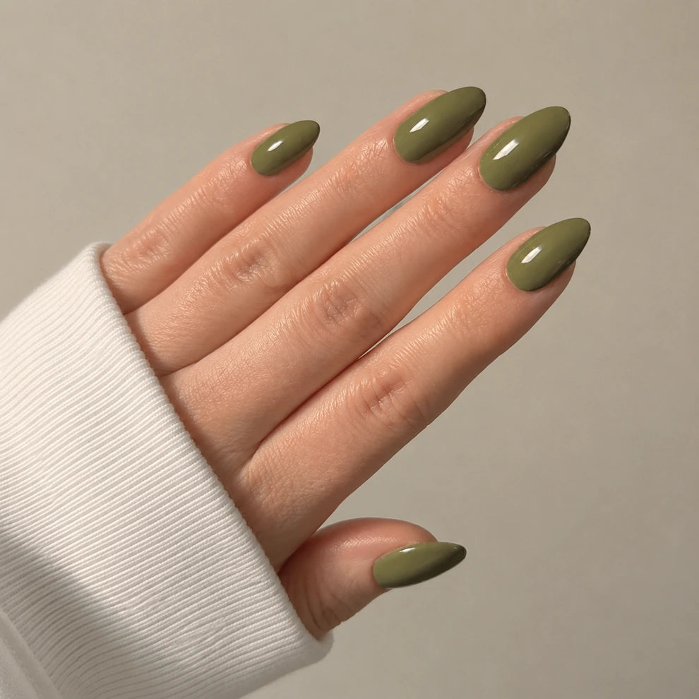 Moss Glaze short almond press-on nails by Matchy Nails