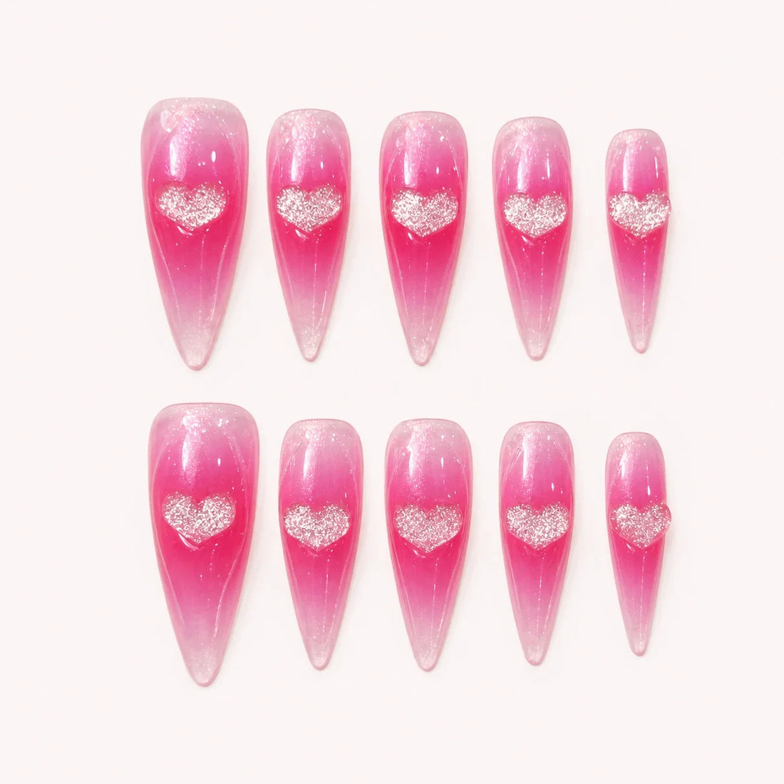 Neon Heartbeat long stiletto hot-pink jelly press-on nails with silver-glitter hearts