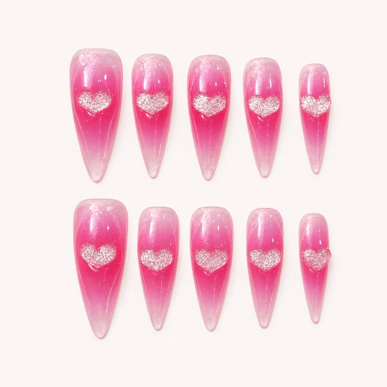Neon Heartbeat long stiletto hot-pink jelly press-on nails with silver-glitter hearts