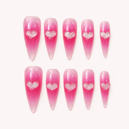 Neon Heartbeat long stiletto hot-pink jelly press-on nails with silver-glitter hearts