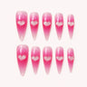 Neon Heartbeat long stiletto hot-pink jelly press-on nails with silver-glitter hearts
