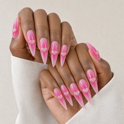 Neon Heartbeat hot-pink jelly manicure on two medium-brown hands