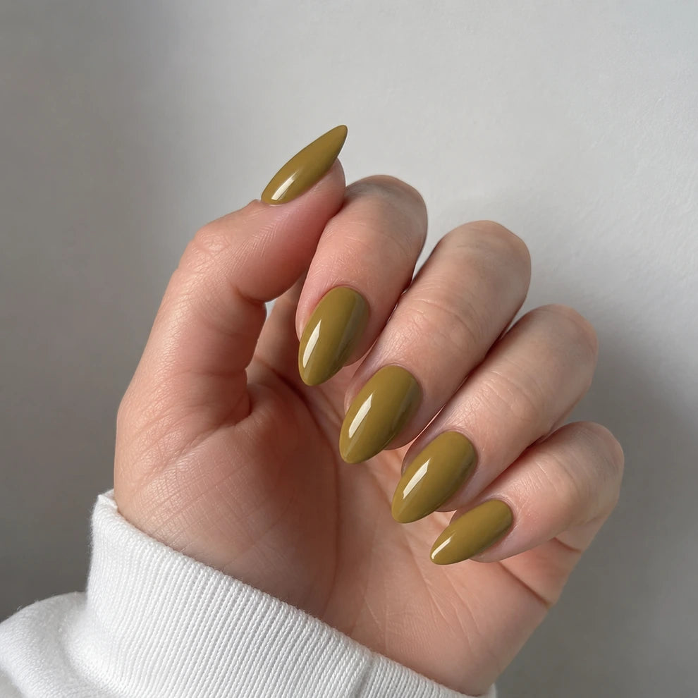 Olive Glaze short almond press-on nails by Matchy Nails