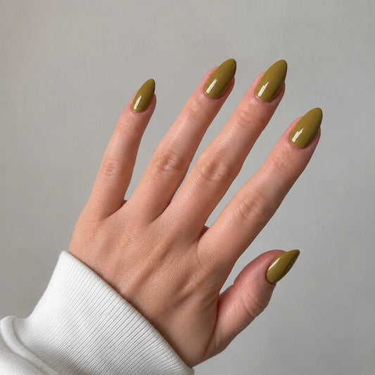 Olive Glaze short almond press-on nails by Matchy Nails