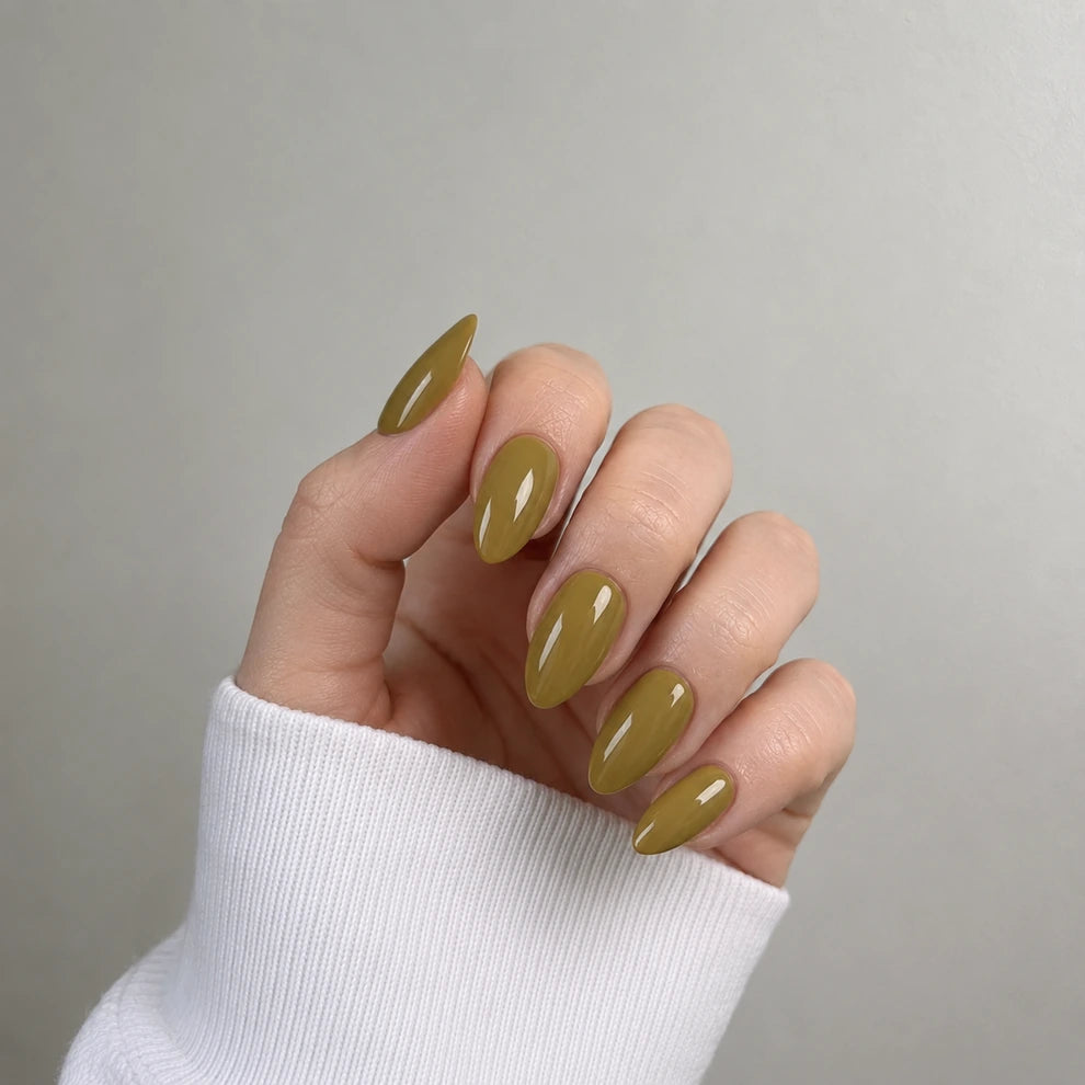 Olive Glaze short almond press-on nails by Matchy Nails