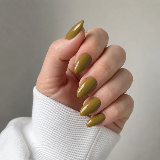 Olive Glaze short almond press-on nails by Matchy Nails