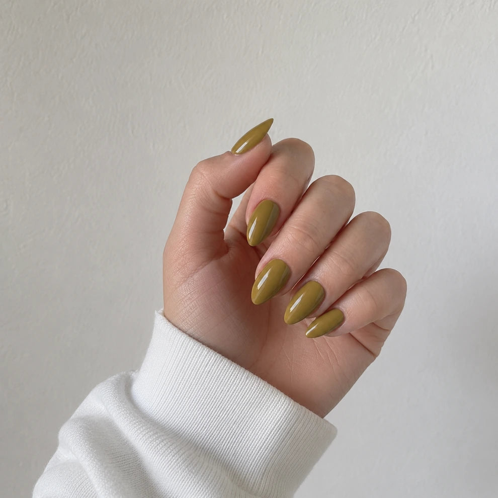 Olive Glaze short almond press-on nails by Matchy Nails