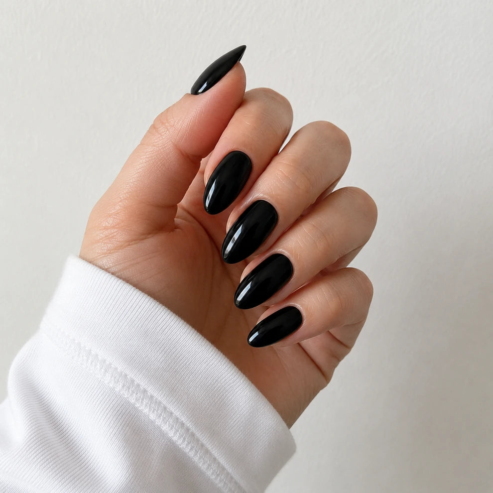 Patent Noir medium almond black press-on nails by Matchy Nails