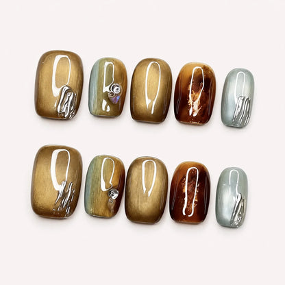 Patina Relic short square cat-eye press-on nails