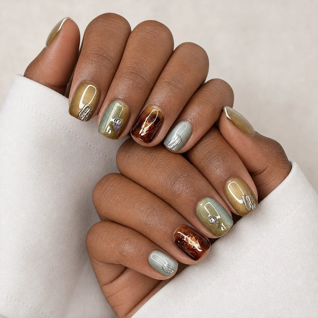 Patina Relic olive cat-eye nails on two medium-brown hands