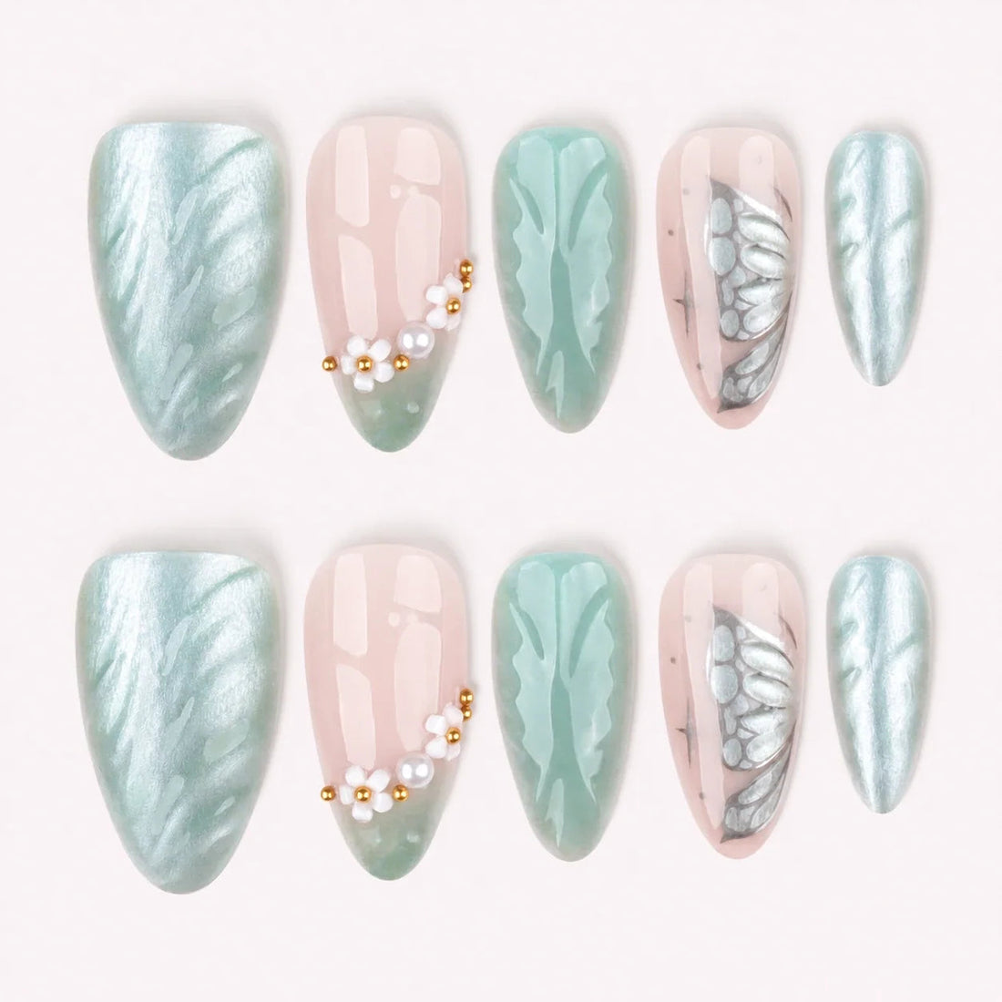 Pearlwing Garden seafoam medium almond press-on nails product display