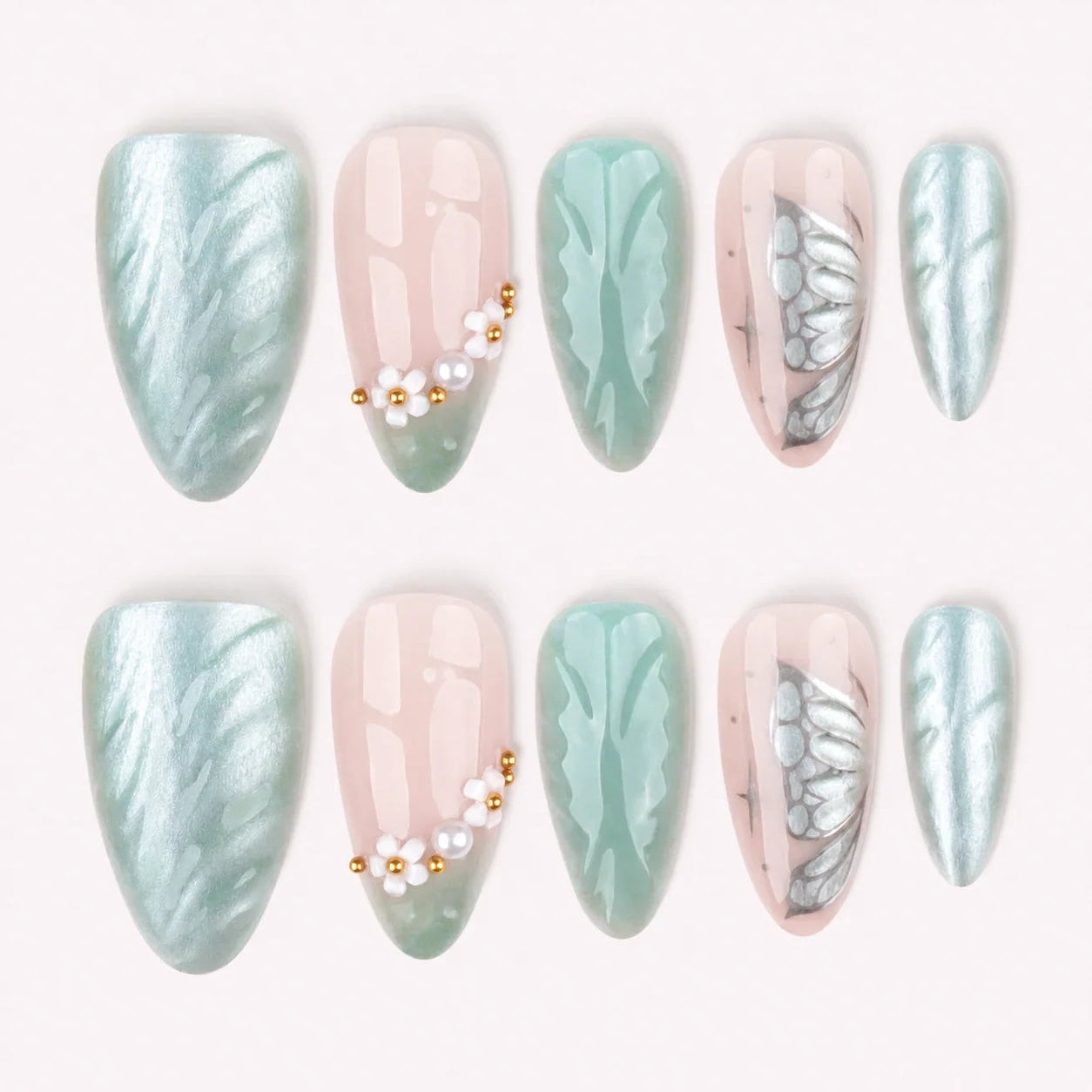 Pearlwing Garden seafoam medium almond press-on nails product display